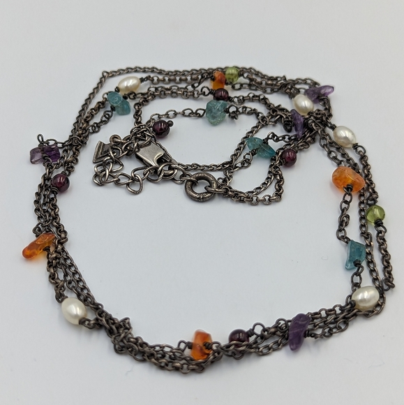 SILPADA 925 STERLING SILVER NECKLACE N1613 TRIPLE STRAND Pearl Multi Gemstones - Picture 2 of 10